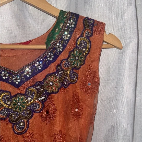 Span Ethnic Dress Orange Purple Green Size L - Picture 4 of 8